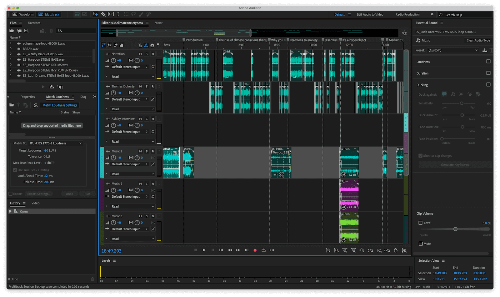 An editor is editing My first million's podcast on Adobe Audition's podcast editing software