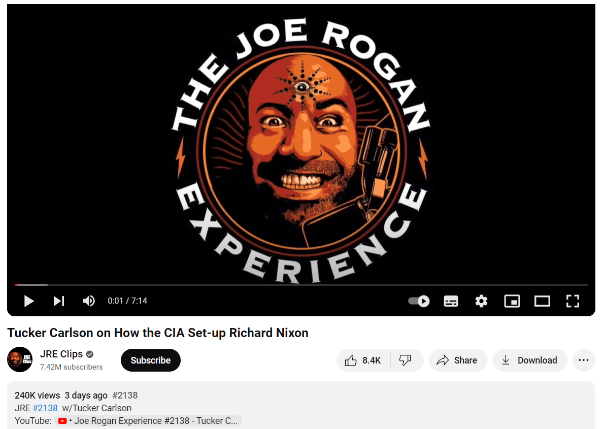 The youtube channel of popular podcaster Joe rogen is shown posting sharing youtube shorts on its another channel called JRE clips to gather larger audience to illustrate podcast repurpose for social media