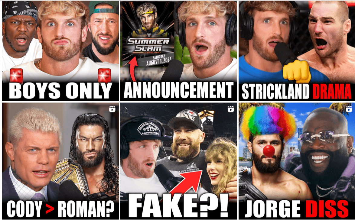 Video clips of popular youtuber logan paul with their thumbnails are shown to illustrate the podcast content repurposing into video content