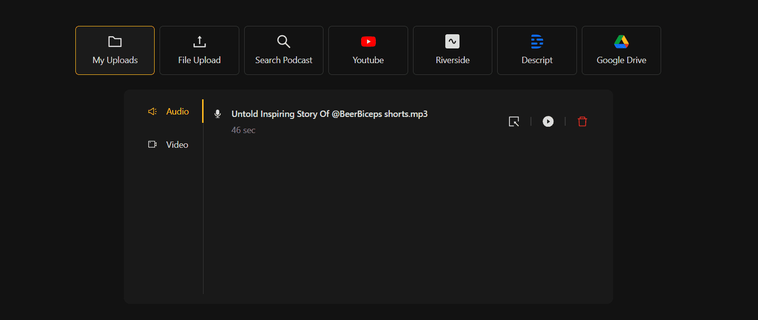 Uploading the audio option is shown in the recast studio's tool that users can use to create audio waveform