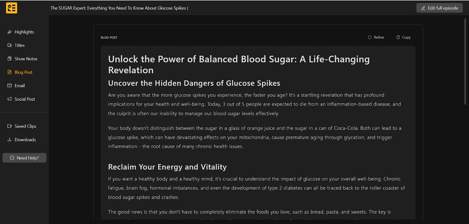Preview of blog post generator tool of recast studio where it is repurposing podcast content of joe rogen's podcast into a blog post