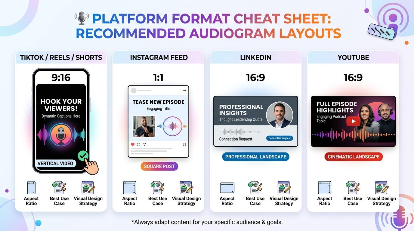 Audiogram format cheat sheet showing recommended aspect ratios for TikTok, Reels, Shorts, Instagram Feed, LinkedIn Feed, X, YouTube, and LinkedIn Video