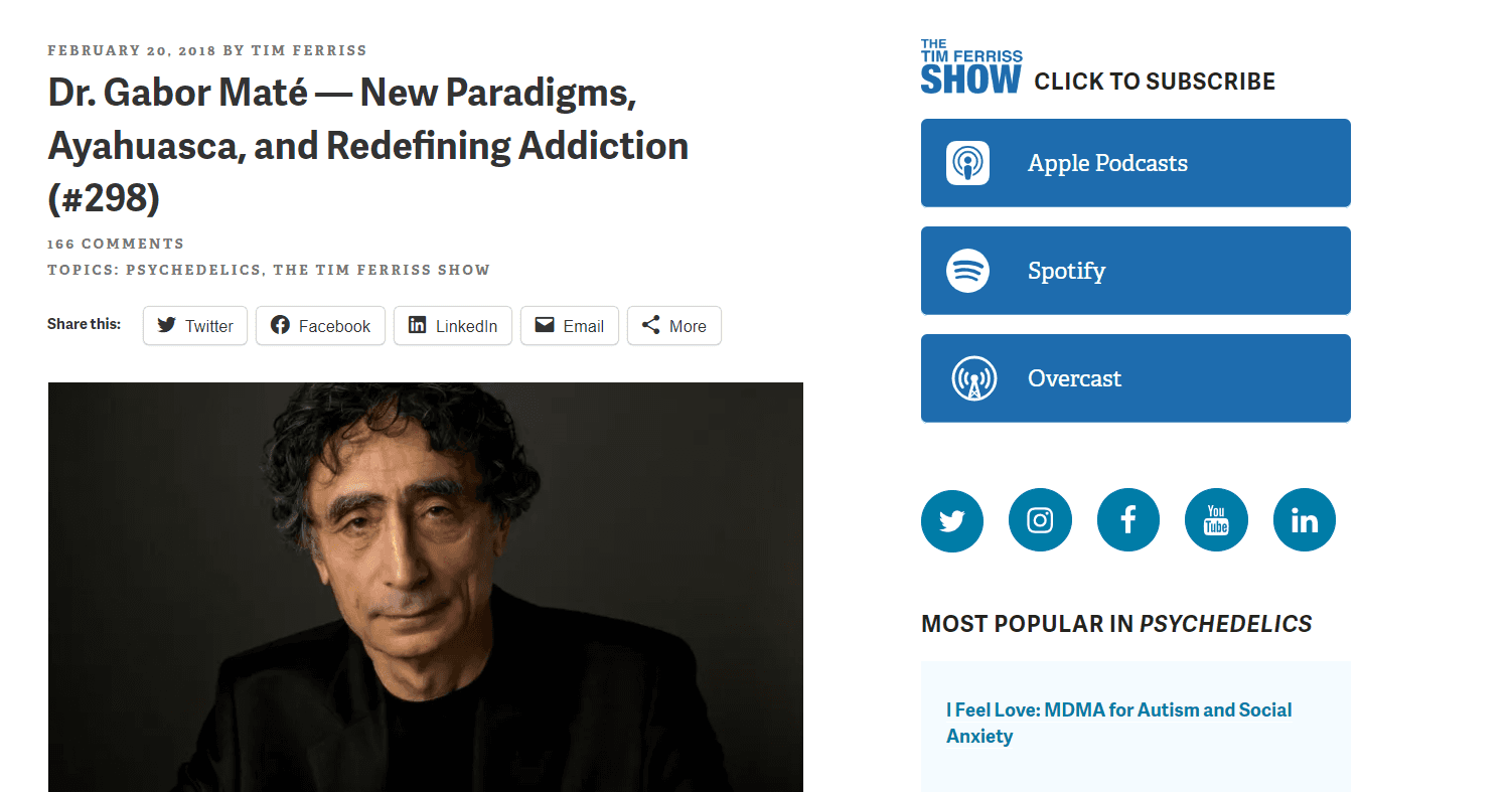 Youtube podcast content of Tim Ferris is repurposed into a blog post to highlight the important points discussed in the conversation with Dr. Gabor's on Ayahuasca