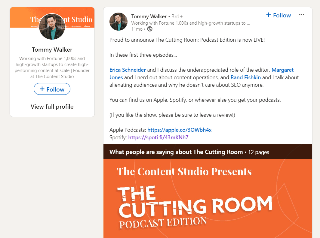 Audio clip of Tommy Walker's podcast shared on a Linkedin post is shown to illustrate podcast content repurposing into audiograms