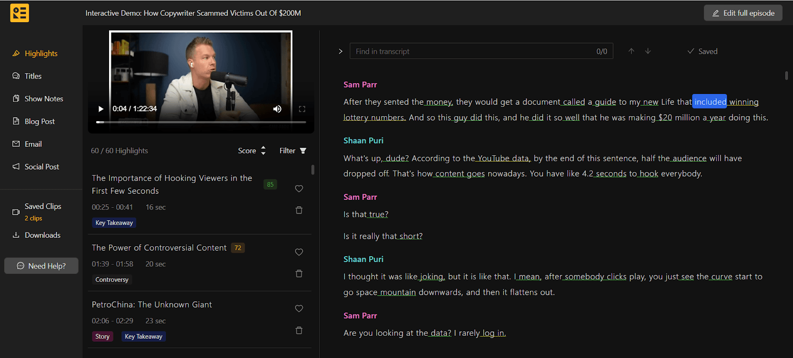 Preview of the podcast editor of recast studio with it's functionalities and editing options where it is editing My first million's podcast featuring Sam parr